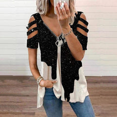 T-shirt met V-hals en rits en print