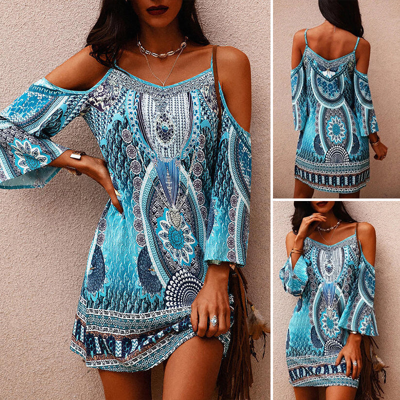 Blue dress with cold shoulder print
