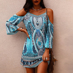 Blue dress with cold shoulder print