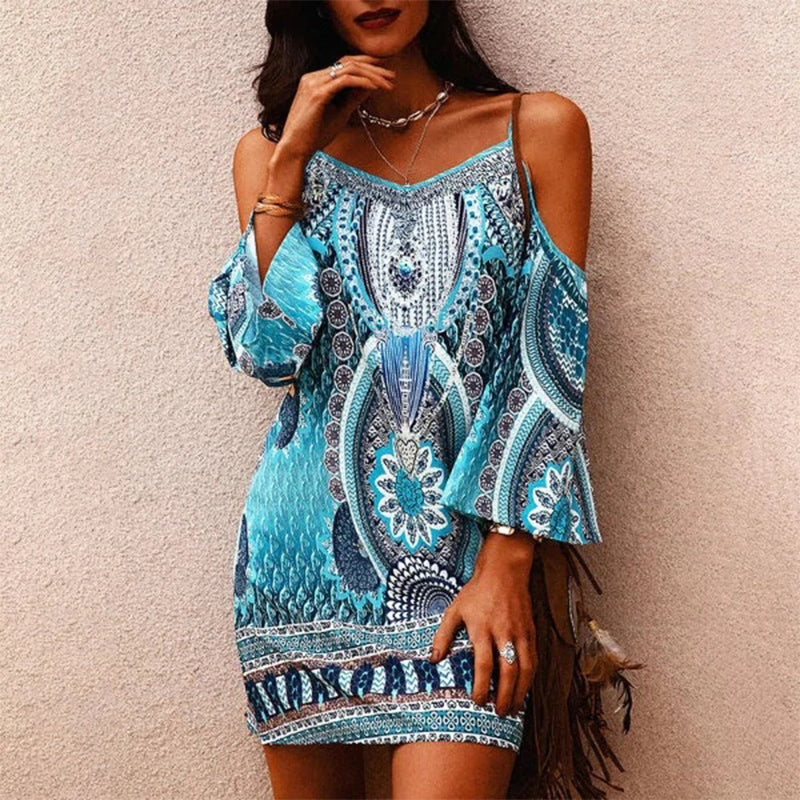 Blue dress with cold shoulder print