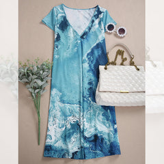 Mini-jurk met V-hals en blauwe print