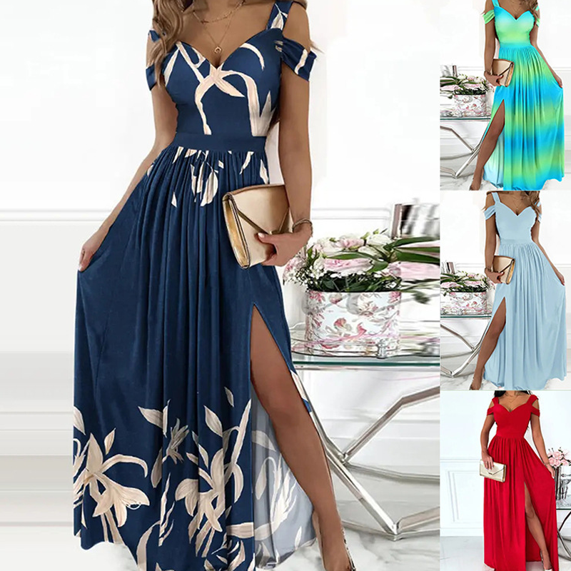 Off-the-shoulder dress with V-neck and slit