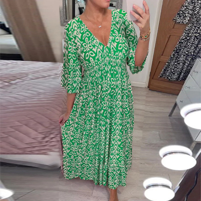 V-Ausschnitt bedrucktes Kleid mit weiten Ärmeln