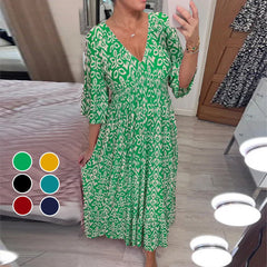 V-Ausschnitt bedrucktes Kleid mit weiten Ärmeln
