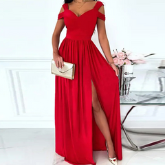Off-the-shoulder dress with V-neck and slit