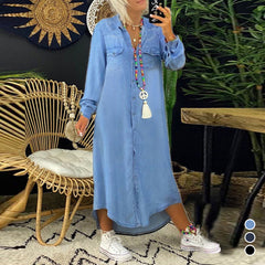 Casual spijkerjurk in effen kleur met lange mouwen voor dames（Pre-sale）