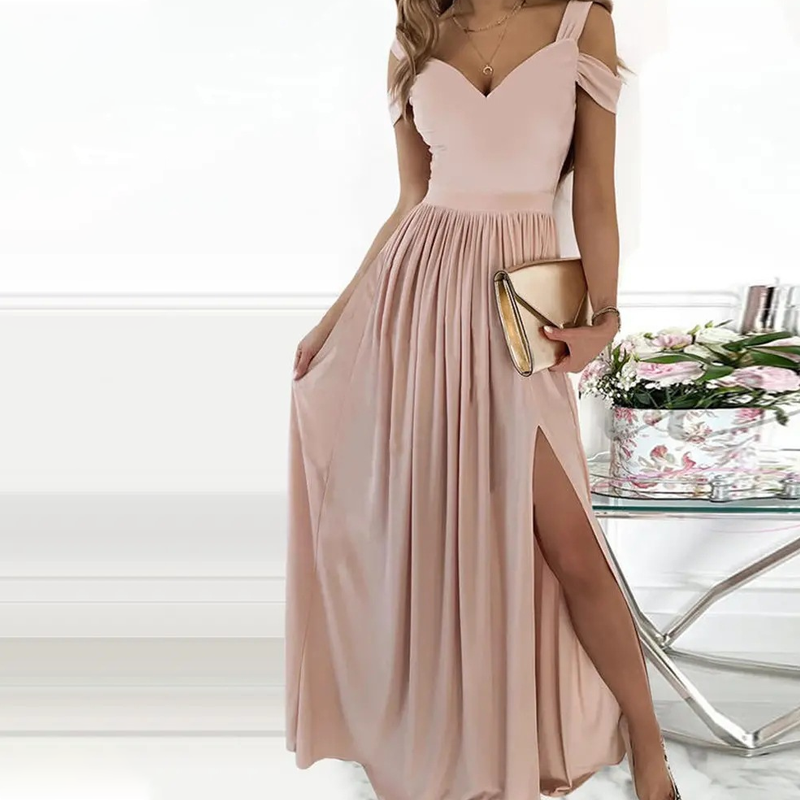 Off-the-shoulder dress with V-neck and slit