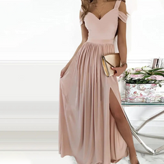 Off-the-shoulder dress with V-neck and slit