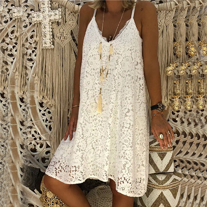 Women's Summer Plain Sleeveless V-Neck Sling Lace Loose Dress