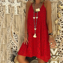 Women's Summer Plain Sleeveless V-Neck Sling Lace Loose Dress