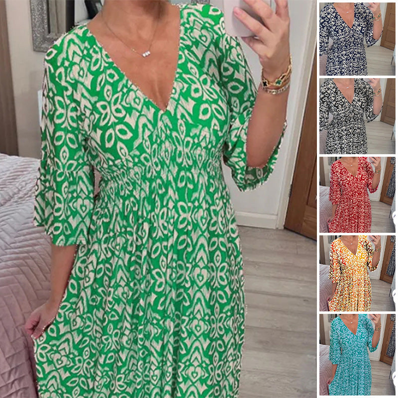 V-Ausschnitt bedrucktes Kleid mit weiten Ärmeln