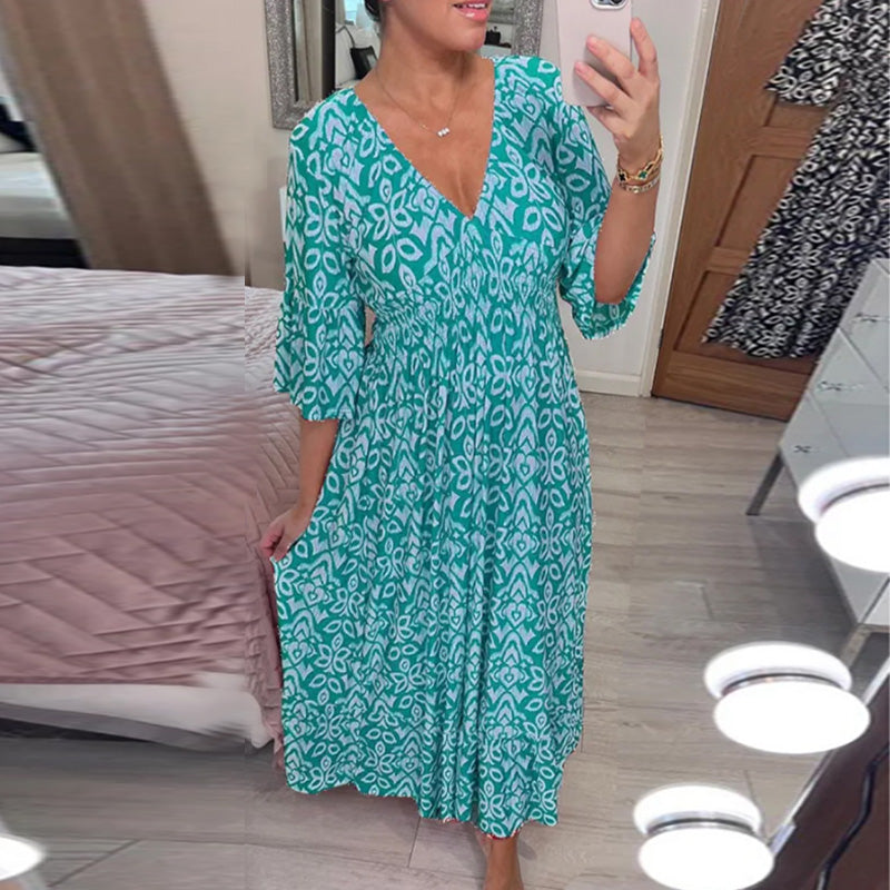 V-Ausschnitt bedrucktes Kleid mit weiten Ärmeln