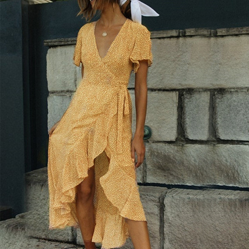 Boho summer dress with V-neck and dots