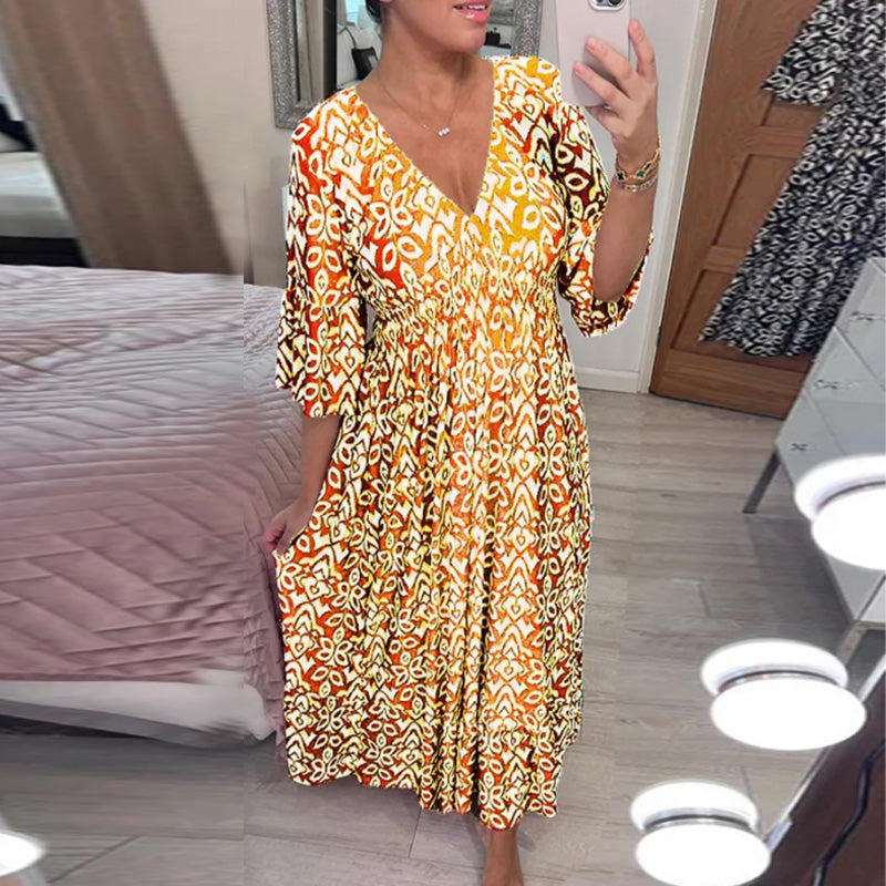 V-Ausschnitt bedrucktes Kleid mit weiten Ärmeln
