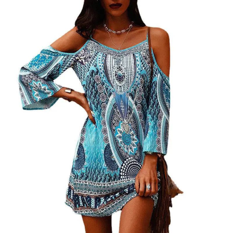 Blue dress with cold shoulder print