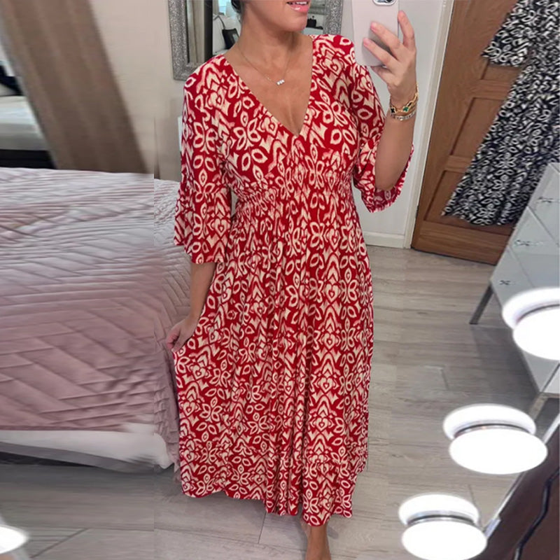 V-Ausschnitt bedrucktes Kleid mit weiten Ärmeln