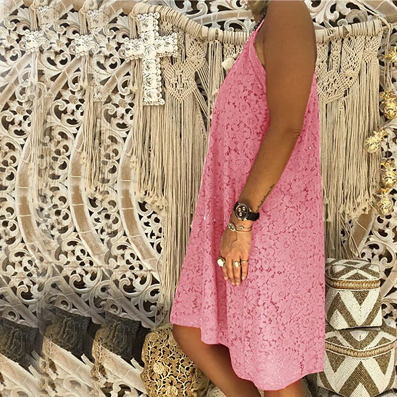 Women's Summer Plain Sleeveless V-Neck Sling Lace Loose Dress