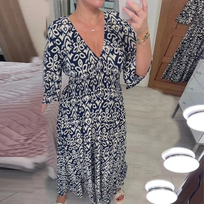 V-Ausschnitt bedrucktes Kleid mit weiten Ärmeln
