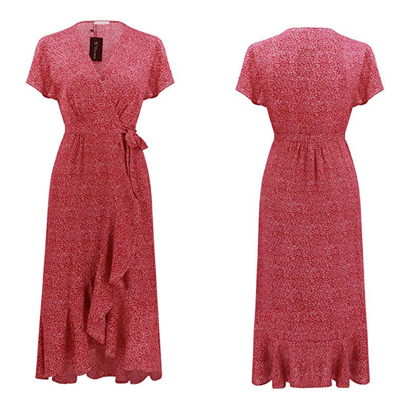 Boho summer dress with V-neck and dots