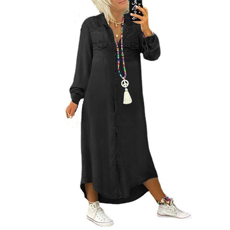 Casual spijkerjurk in effen kleur met lange mouwen voor dames（Pre-sale）