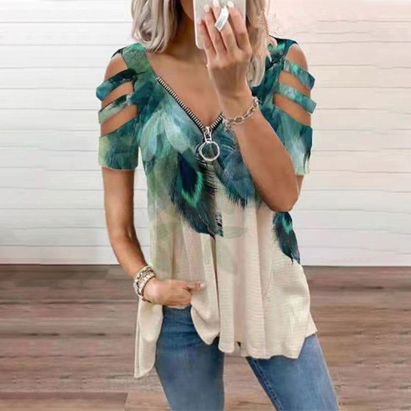 T-shirt met V-hals en rits en print