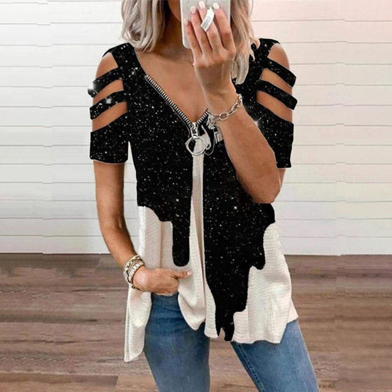 T-shirt met V-hals en rits en print