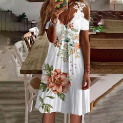 A-lijn knielange vakantiejurk met korte mouwen en kantprint