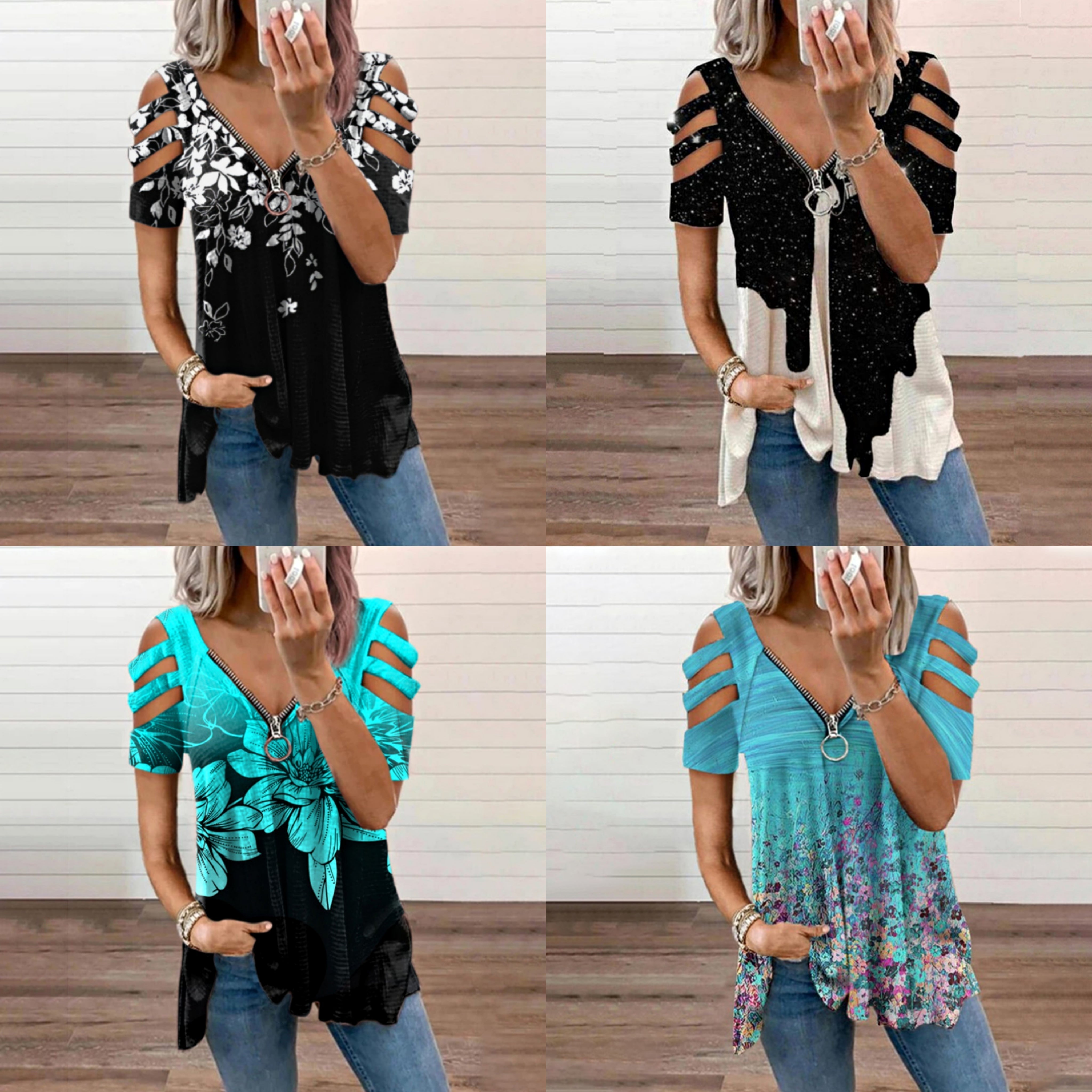 T-shirt met V-hals en rits en print