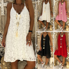 Women's Summer Plain Sleeveless V-Neck Sling Lace Loose Dress