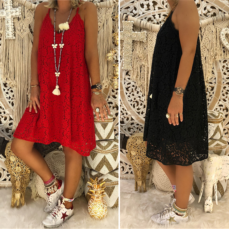 Women's Summer Plain Sleeveless V-Neck Sling Lace Loose Dress