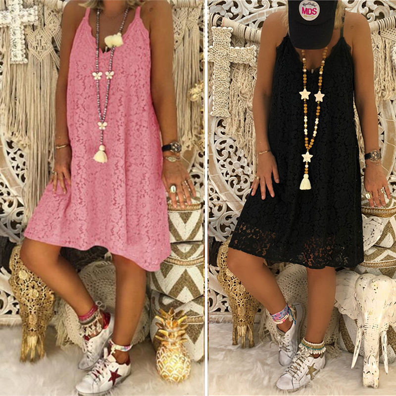 Women's Summer Plain Sleeveless V-Neck Sling Lace Loose Dress
